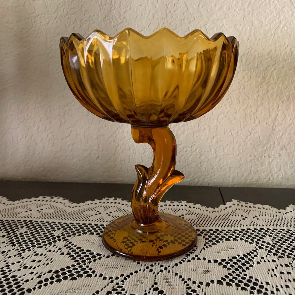 FALL DECOR - 1940s Indiana Glass Line #1007 Amber Pedestal Plant Design Compote